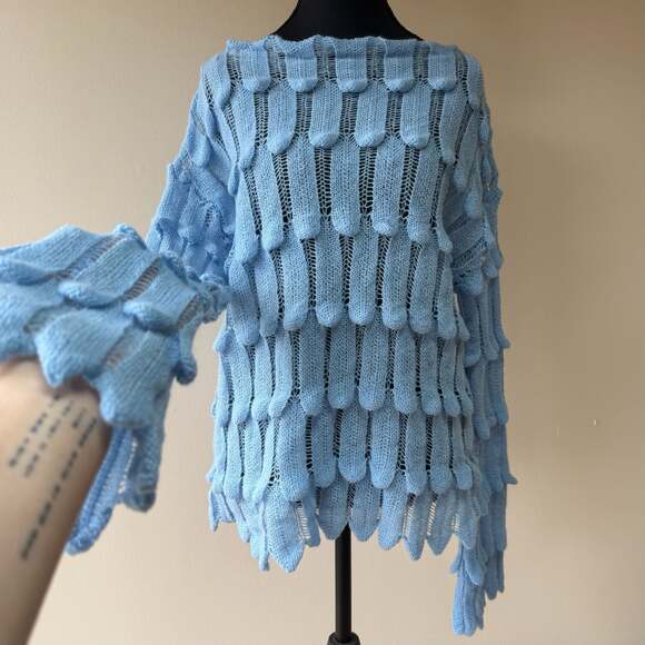 Light Blue Women's Open Knit Scallop-Trim Sweater - Picture 6 of 13